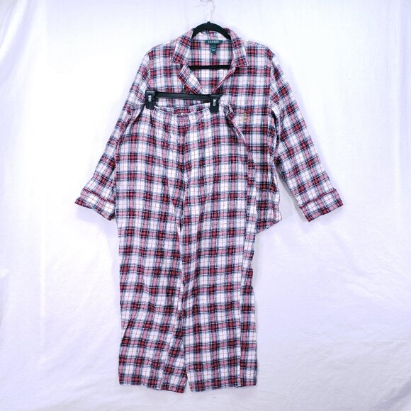 Lauren Ralph Lauren Red Plaid Cotton Flannel Sleepwear Pajama Top n Pants Set XL - Picture 1 of 16